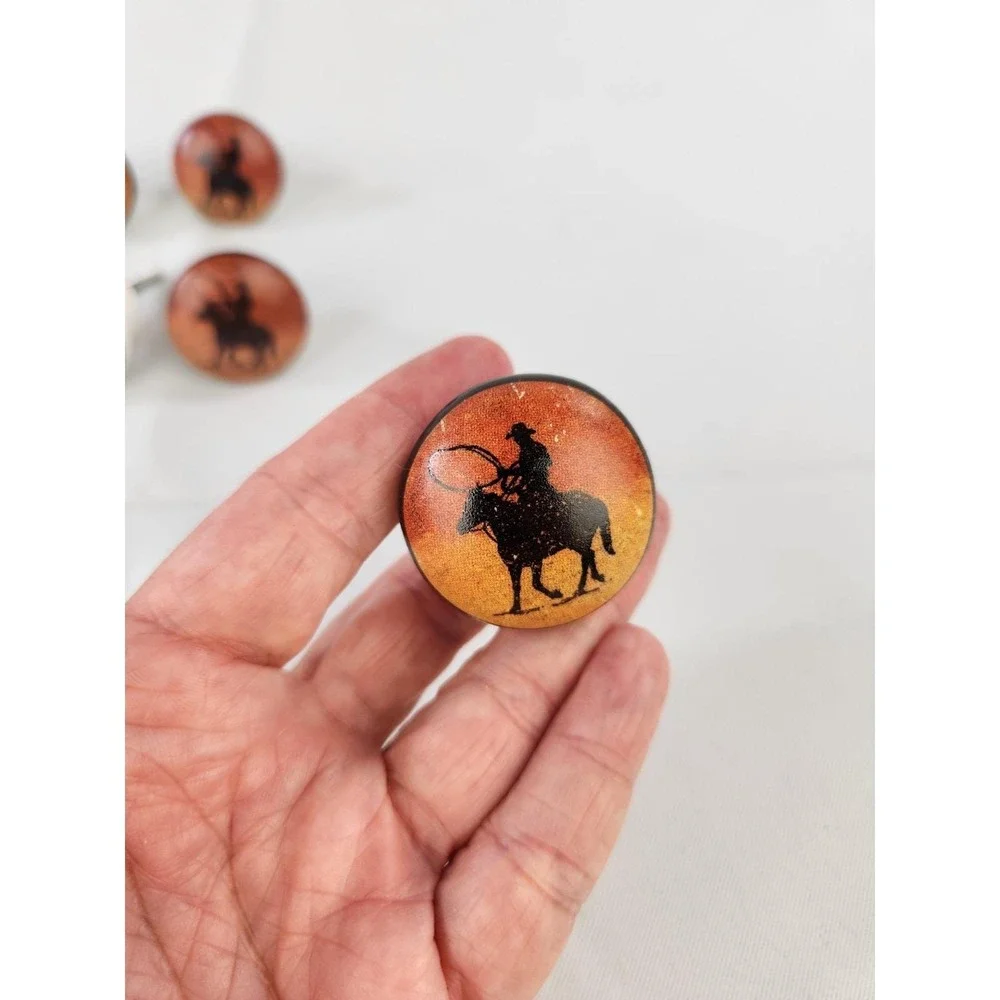 Lot of 6 Western Cabinet Door Drawer Knob Pull Rodeo Horse Cowboy Ceramic Vtg